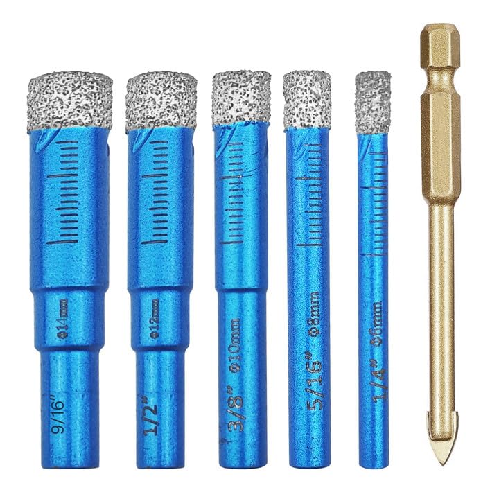 6 Stück Fliesenbohrer Diamantbohrer Glasbohrer Set, 6, 8, 10, 12, 14 mm Keramikbohrer und 6 mm Karbi