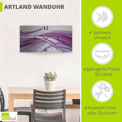 ARTLAND Wanduhr ohne Tickgeräusche Alu Funkuhr 50x25 cm Eckig Lautlos 3D Design Welle Abstrakt Moder