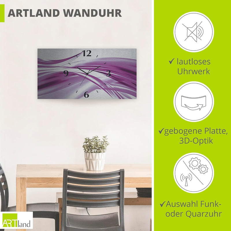 ARTLAND Wanduhr ohne Tickgeräusche Alu Funkuhr 60x30 cm Eckig Lautlos 3D Design Welle Abstrakt Moder