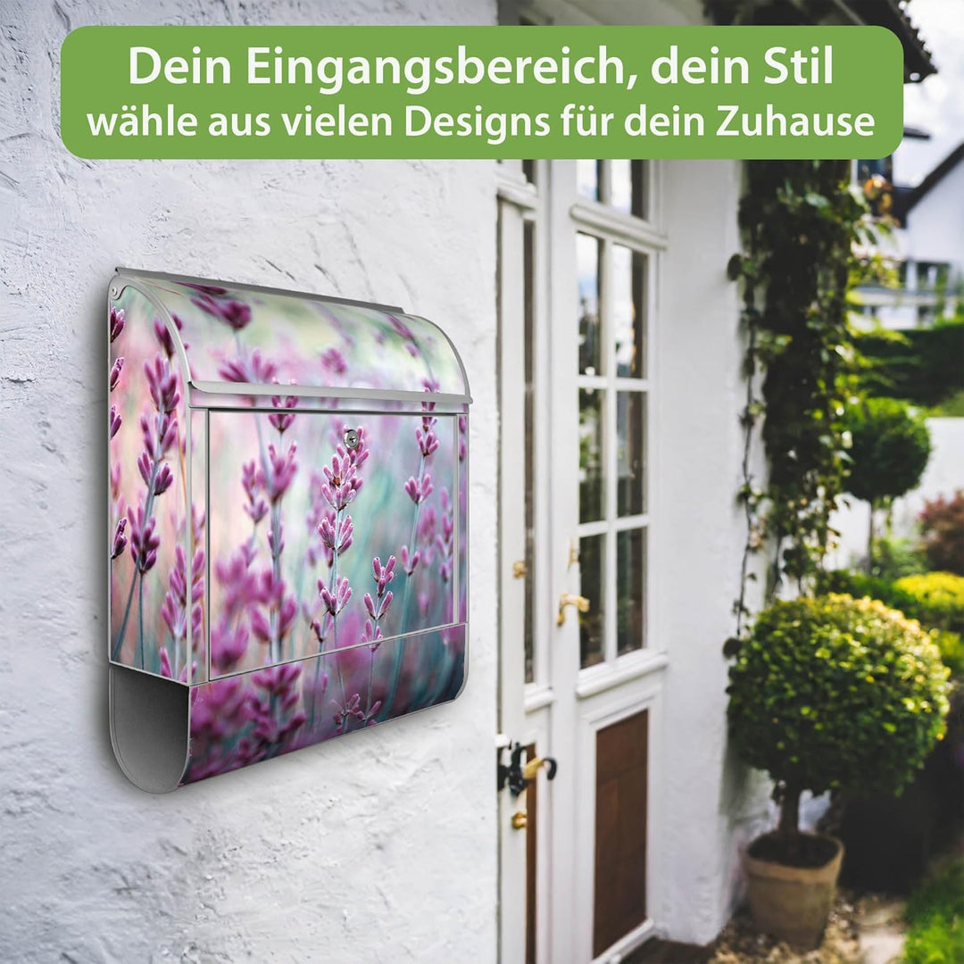 banjado® Design Briefkasten mit Motiv Lavendel 39x47x14cm &amp; 2 Schlüssel - Briefkasten Stahl Silber m