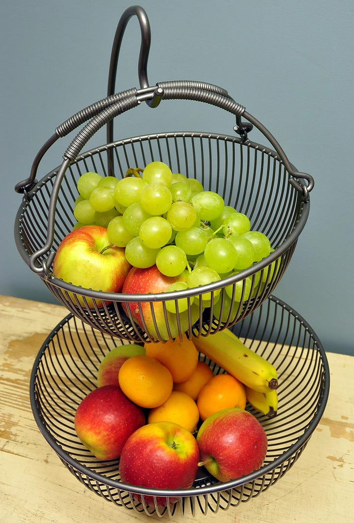 CALUTEA Moderne Obst Etagere // Metall // Schwarz // 3-teilig // zwei grosse Obstschalen & Bananenha