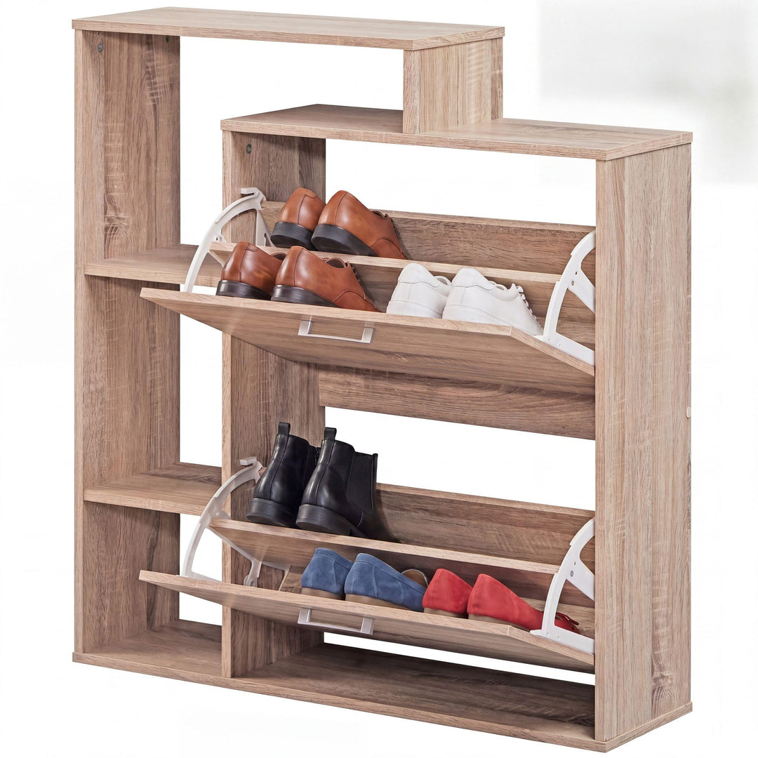 FineBuy Moderner Schuhkipper MASSA Holz 2 Fächer Sonoma Eiche 12 Paar Schuhe, Schuhschrank 85 x 24 x