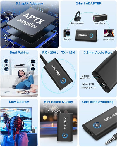 BlitzMax Bluetooth Adapter Transmitter, Bluetooth 5.2 Receiver 2 in 1 Mini kabelloses Sender/Empfäng