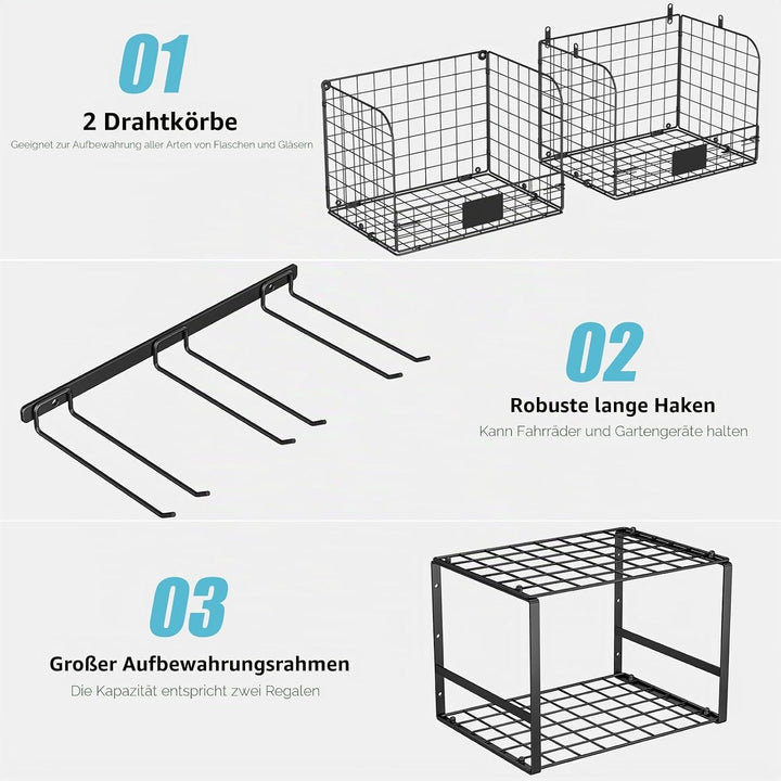 ThreeHio Garagenregal zur Wandmontage mit Drahtkörben, robustes Wandregal mit Gartenwerkzeugregal un