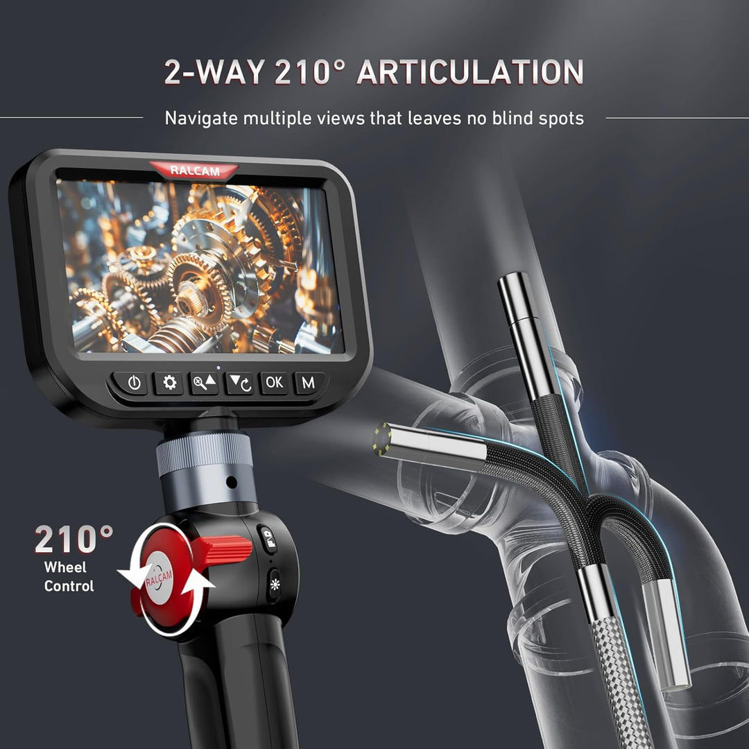Ralcam Endoskopkamera mit Licht, Endoscope Camera mit 210° beweglichem Kopf, 3.9mm Sonde, 5" HD Bild