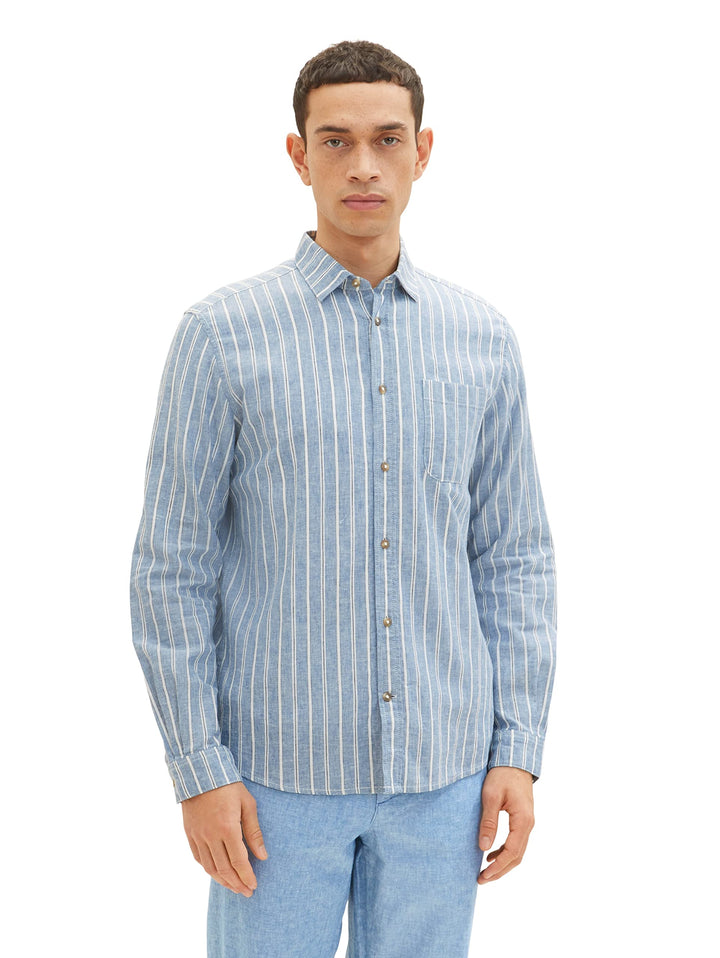 TOM TAILOR Herren Hemd mit Muster aus Leinen, 31246 - Blue Off White Navy Stripe