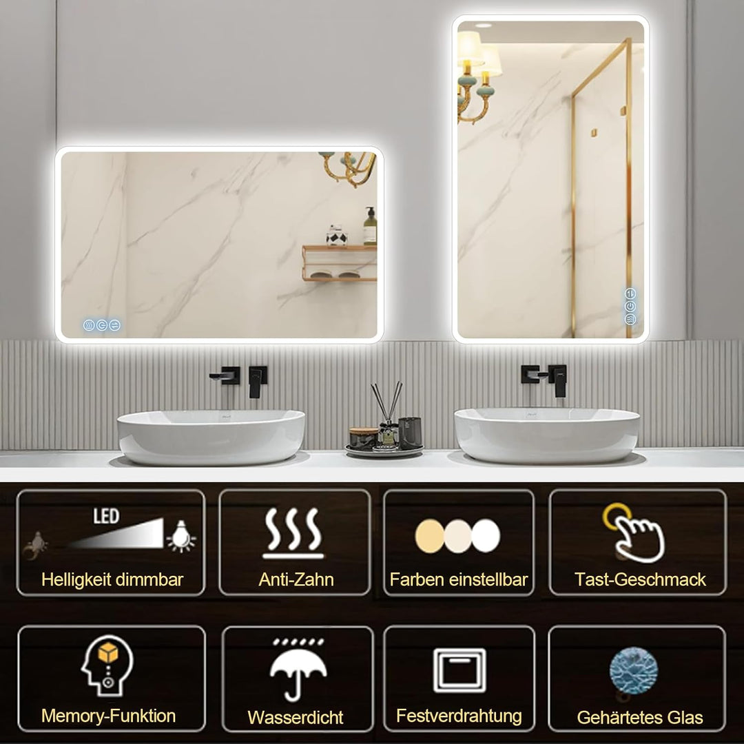 Badspiegel mit Beleuchtung 100x60cm, Badezimmerspiegel Wandspiegel und Touch-Schalter, IP65-Led-Spie