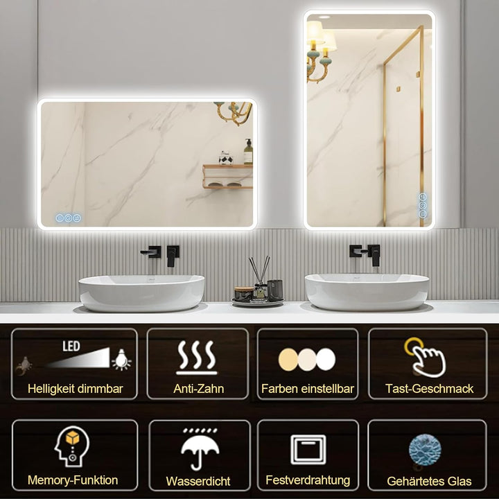 Badspiegel mit Beleuchtung 100x60cm, Badezimmerspiegel Wandspiegel und Touch-Schalter, IP65-Led-Spie