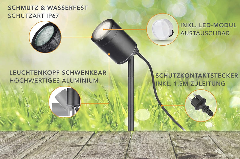 lambado® Moderne Gartenleuchte mit Erdspiess inkl. LED 5W warmweiss dimmbar - Schwarze Gartenstrahle