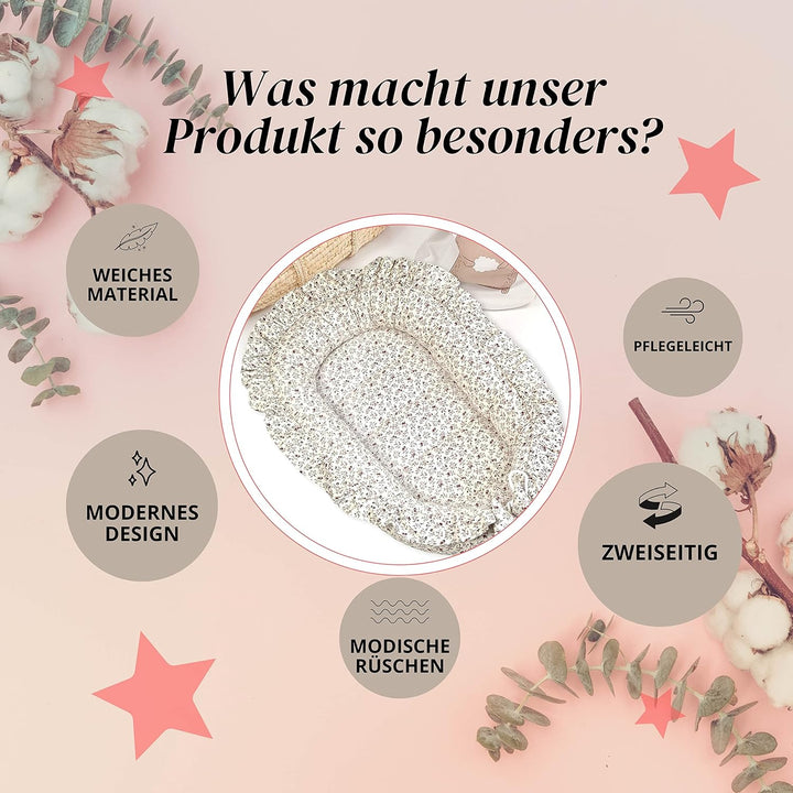 PIMKO Babynest mit rüschen Babynestchen für Baby Kuschelnest Babykokon für Säuglinge und Neugeborene