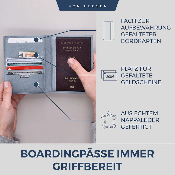 VON HEESEN® Reisepasshülle Leder Etui mit RFID-Schutz - Passhülle Passport Reisepass Mappe Hülle Org