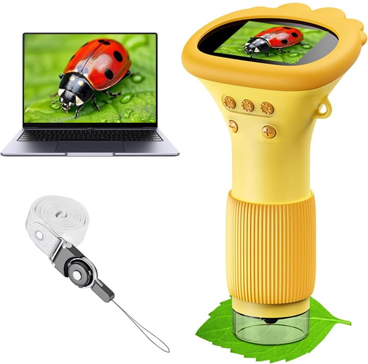 Daxiongmao Kinder Mikroskop mit 2,0 Zoll IPS-Display, USB-Anschluss für PC, 8 LED Beleuchtung, 200-1
