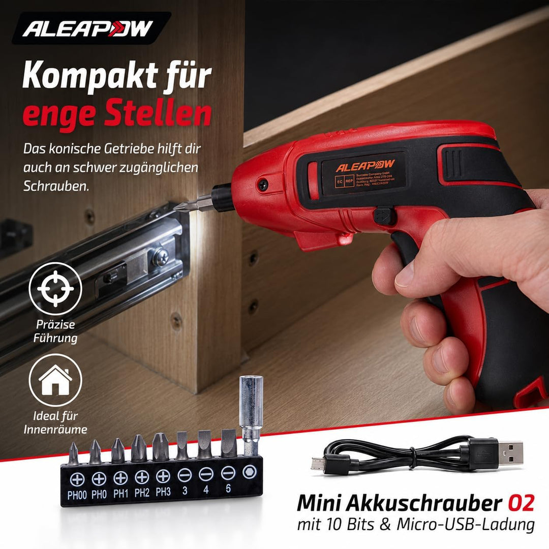 Mini Akku-Schrauber 3,6V, 200 U/Min, 5 Nm, 2000mAh, mit 9+1 Bits, LED-Licht, USB-Ladekabel – kompakt