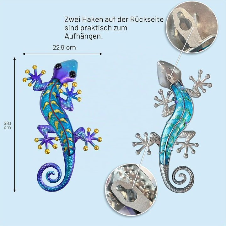 HONGLAND Metall-Gecko-Wandkunst, 38,1 cm, Eidechse, Outdoor-Dekoration, hängende Glas-Skulptur, 2 St