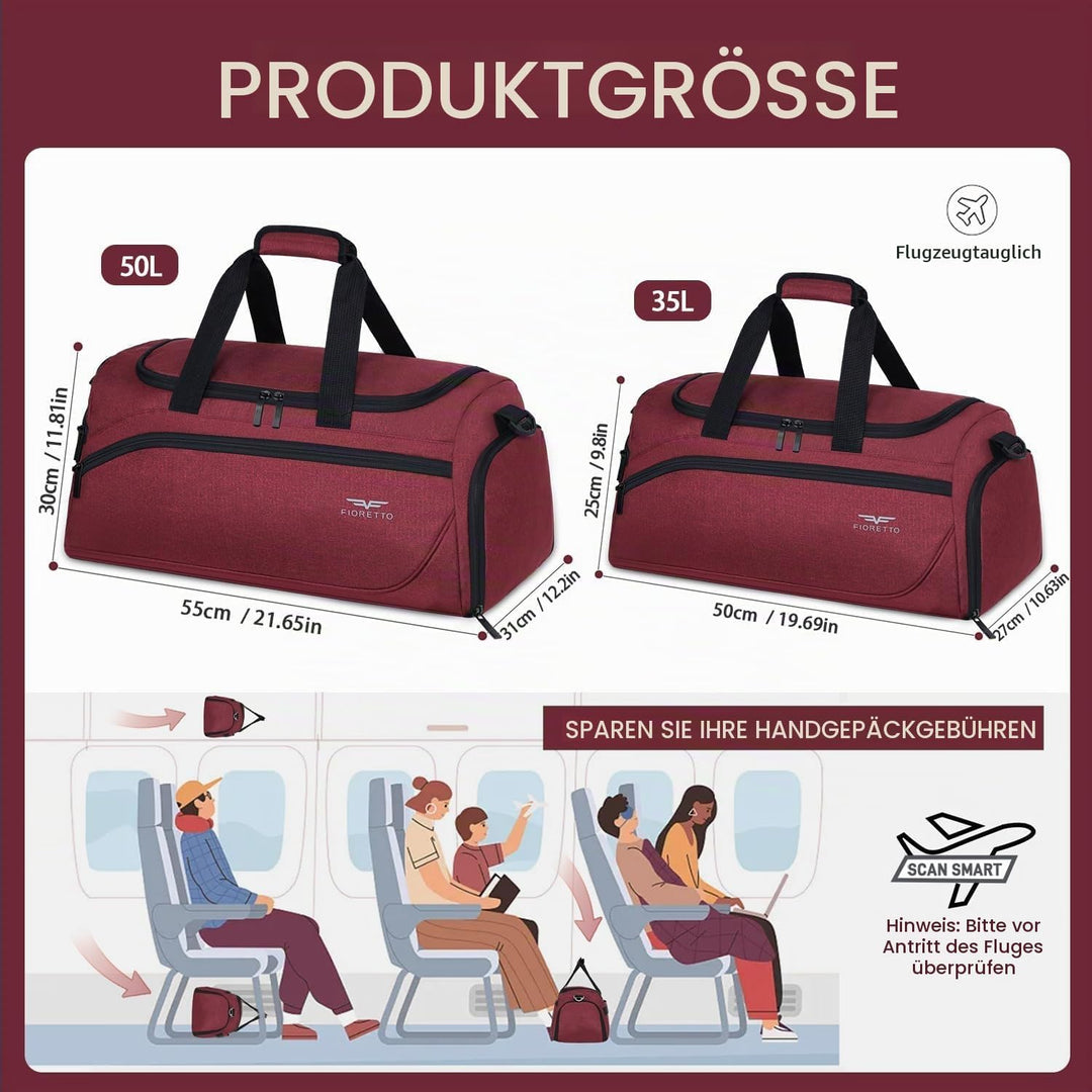 FIORETTO 50L Sporttasche &amp; Reisetasche für Damen und Herren, mit Schuhfach &amp; Nassfach, Wasserdicht T