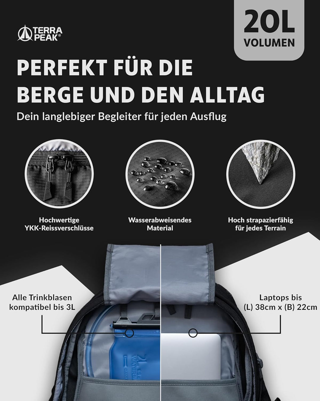 Terra Peak Wanderrucksack 20L Flex 20 Premium (klein) mit Rückenbelüftung, Trinksystem & Regenschutz