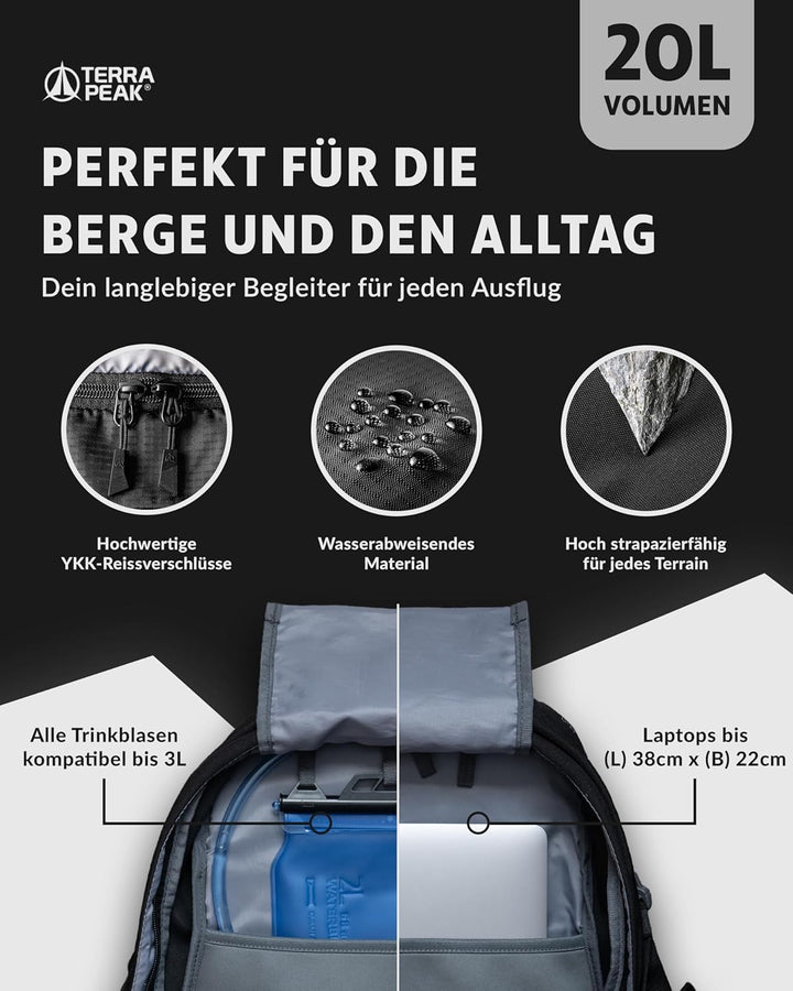 Terra Peak Wanderrucksack 20L Flex 20 Premium (klein) mit Rückenbelüftung, Trinksystem & Regenschutz