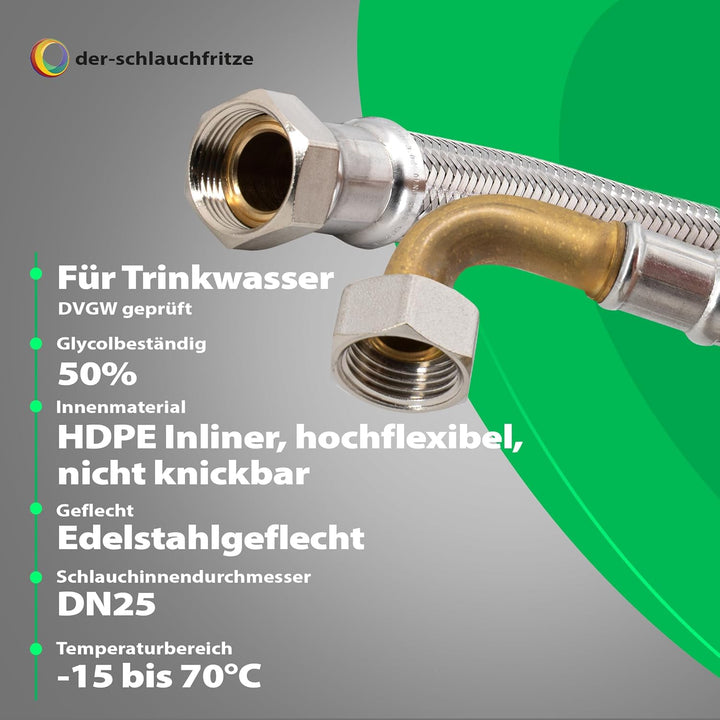 Flexschlauch 1"ÜM x 1" ÜM mit Bogen, hoch flexibler Panzerschlauch mit Trinkwasserzulassung 2,00m /