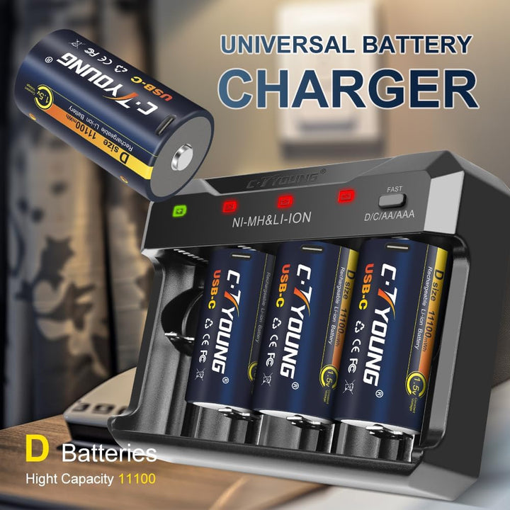 Wiederaufladbare D Batterien mit USB Typ-C Universalladegerät, 4er-Pack 1,5V Lithium D-Zelle 11000mW