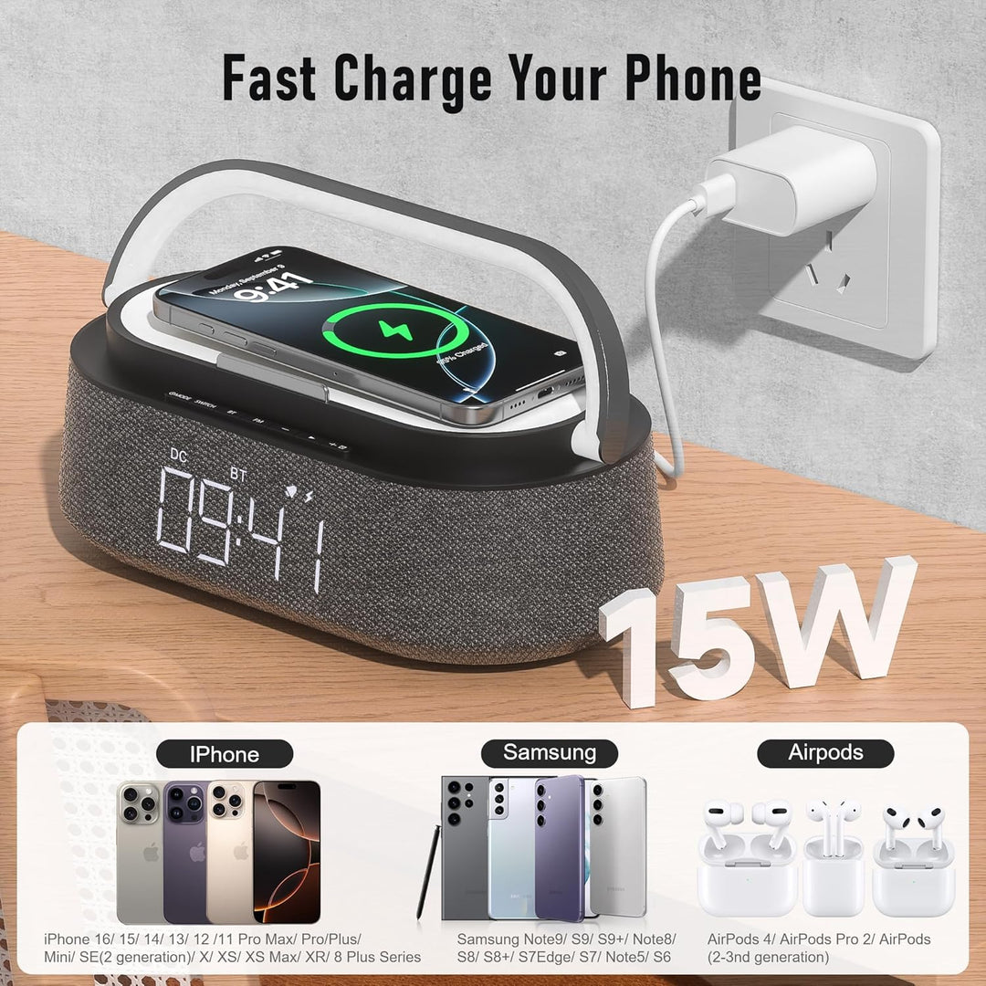 COLSUR Radiowecker Digital mit Wireless Charger, Bluetooth Lautsprecher mit USB-Ladegerät, Smart Wec