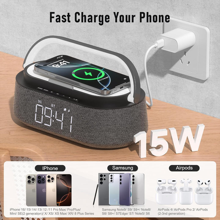 COLSUR Radiowecker Digital mit Wireless Charger, Bluetooth Lautsprecher mit USB-Ladegerät, Smart Wec