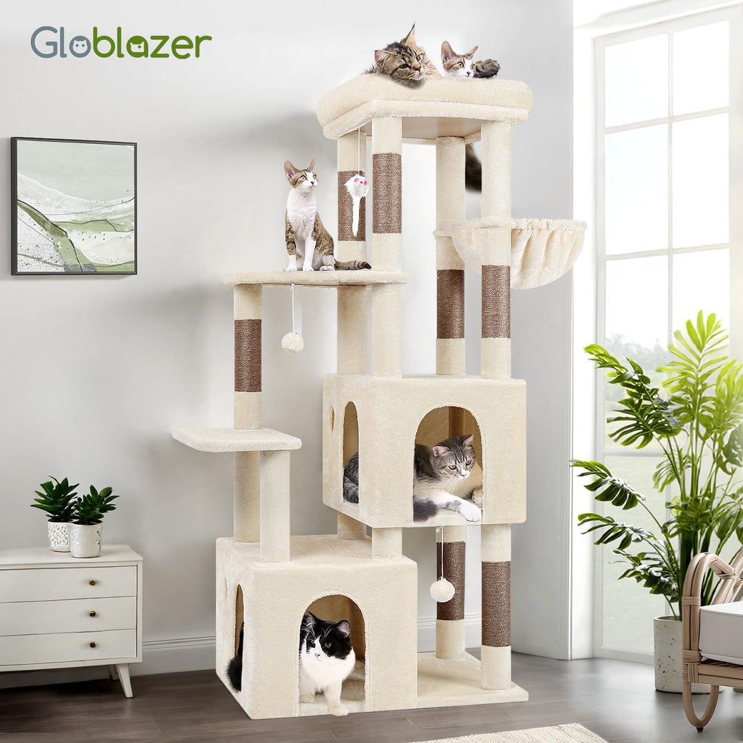 Globlazer Kratzbaum Beige für 3-5 Grosse Katzen 156 cm mit 2 Extragross Katzenhaus 45*40*35CM, Gross