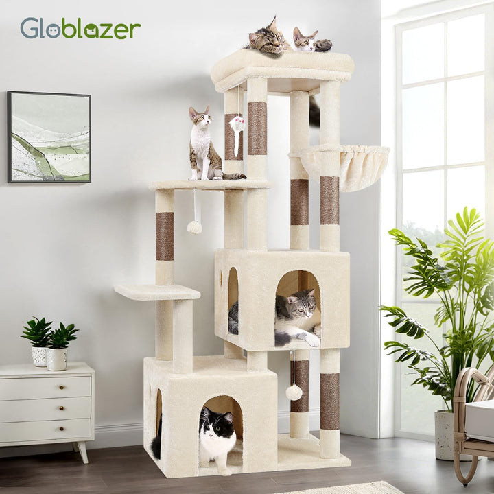 Globlazer Kratzbaum Beige für 3-5 Grosse Katzen 156 cm mit 2 Extragross Katzenhaus 45*40*35CM, Gross