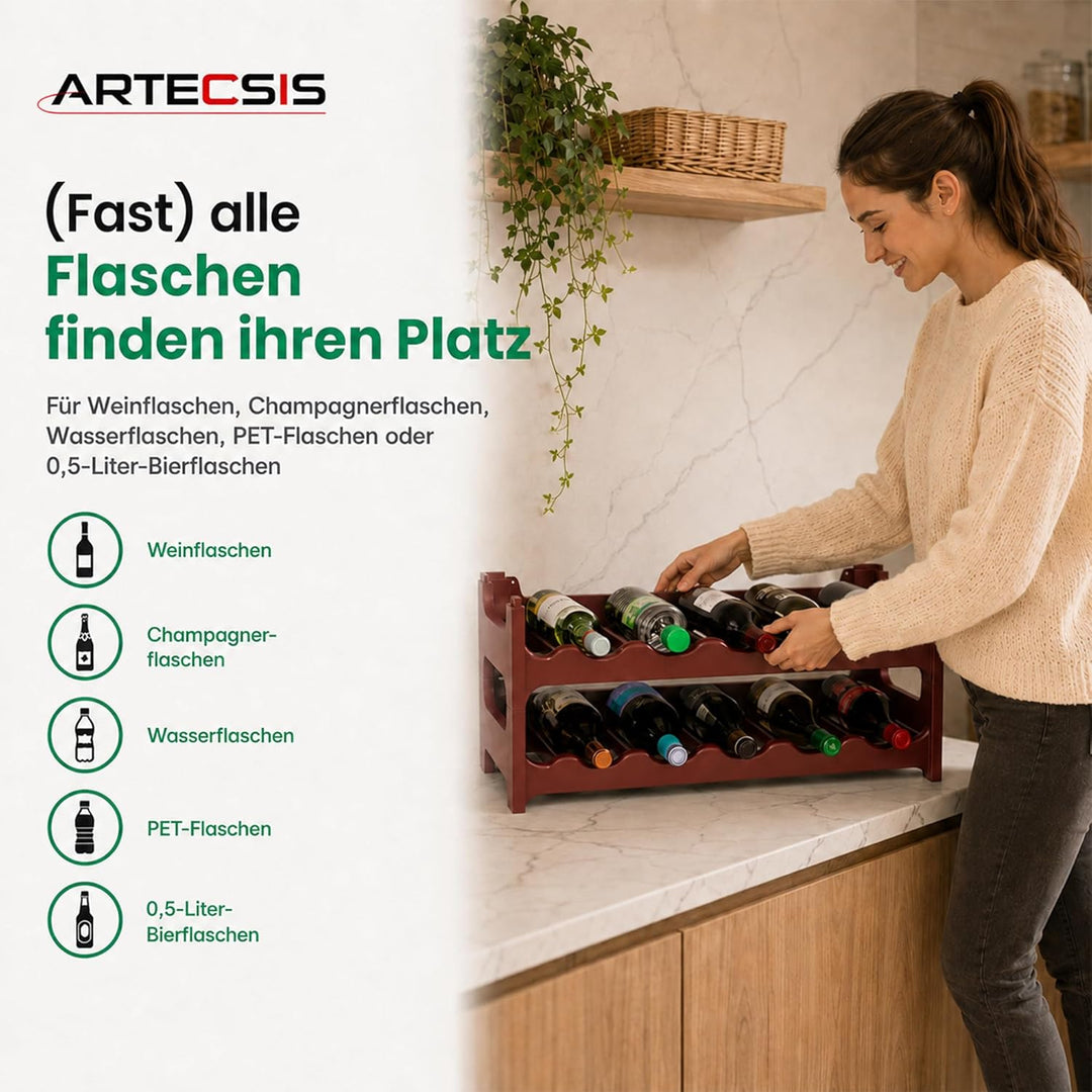 ARTECSIS Weinregal stapelbar Kunststoff für 12 Flaschen, stabiles Flaschenregal in Gastronomie-Quali