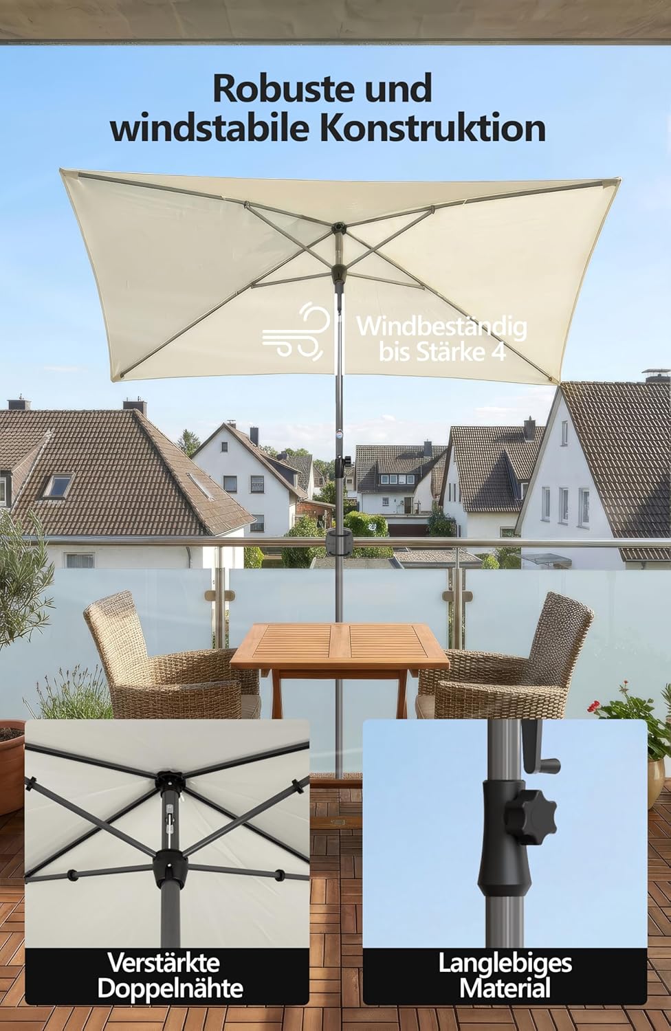 4smile Sonnenschirm Balkon mit Kurbel, Sonnenschutz Balkon mit Schutzhülle, Sonnenschirm rechteckig