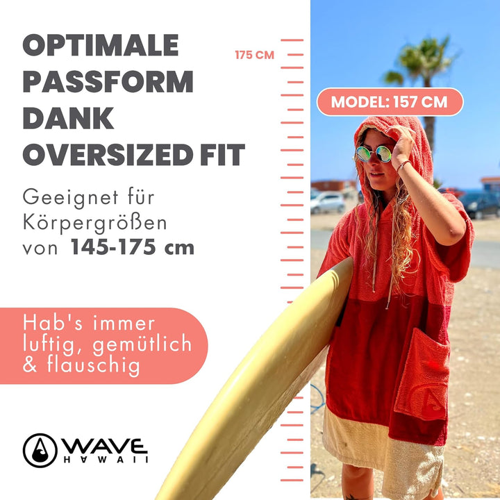 WAVE HAWAII Poncho Seta Surfponcho 100% Baumwolle für Körpergrössen von 145-175 cm Umkleidehilfe für