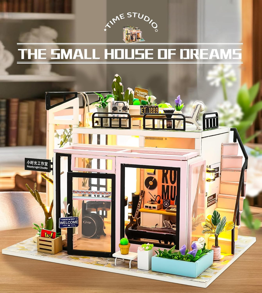 Spilay Miniatur Haus, Zeit-Studio DIY Miniature House mit LED-Licht, 3D Holz Puppenhaus Bastelset zu