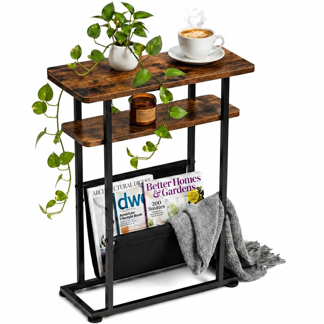 Kleiner Beistelltisch für kleine Räume, Schlanker Couchtisch mit Zeitschriftenhalter - 2 in 1 Schmal