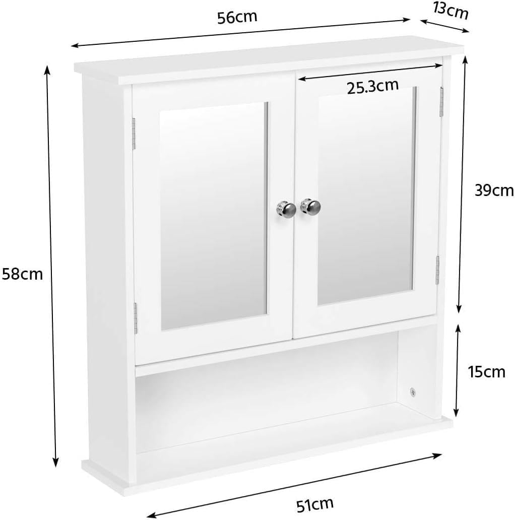 Yaheetech Spiegelschrank, Badschrank, Hängeschrank mit Spiegeltür, Badezimmerspiegel mit Ablagen, 56