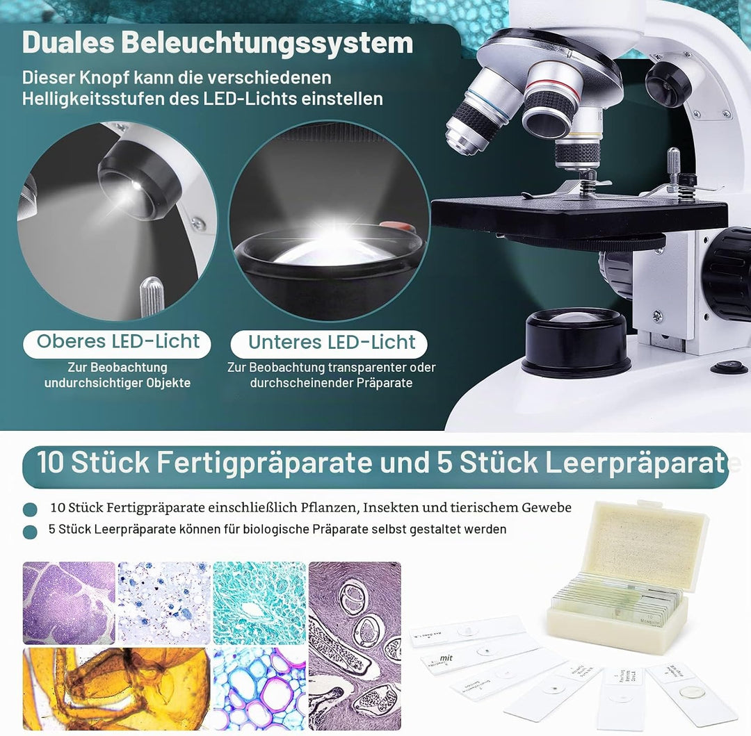 40X-1000X Binokular Mikroskop für Erwachsene Kinder, Compound Mikroskop mit Dual LED Beleuchtung mit