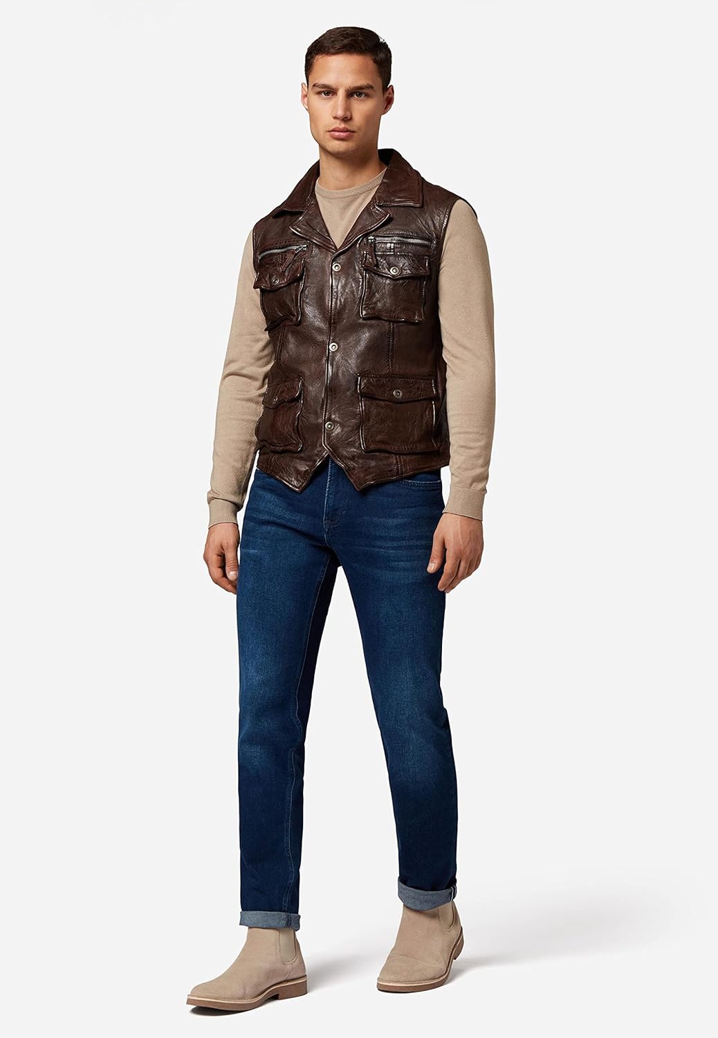 RICANO SK-Vest - Herren Lederweste aus echtem Lamm Nappa Leder Braun S, Braun S