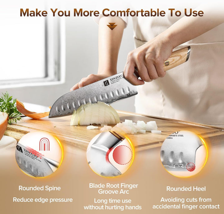 XINZUO Edelstahl 18.2cm Santokumesser, 3 Schichten Verbundstahl 10Cr15CoMoV Kochmesser, Profi Chefme