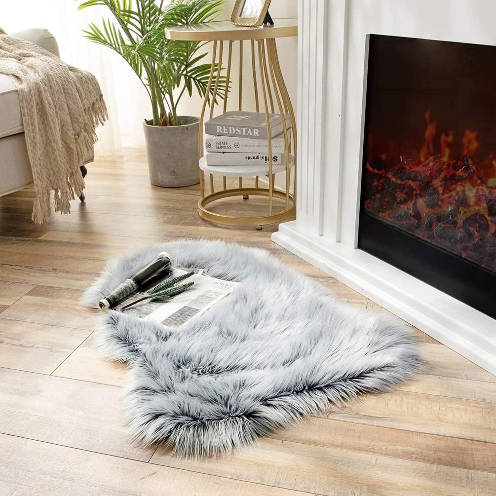 Faux Lammfell Schaffell Teppich Grau 40x60 cm, Longhair Flauschiger Teppiche Wohnzimmer Deko Weicher