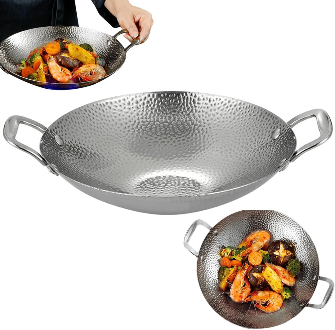 Edelstahl-Wok, 9-Zoll-Mini-Wok mit zwei Griffen, antihaftbeschichteter Wok mit rundem Boden, dicker