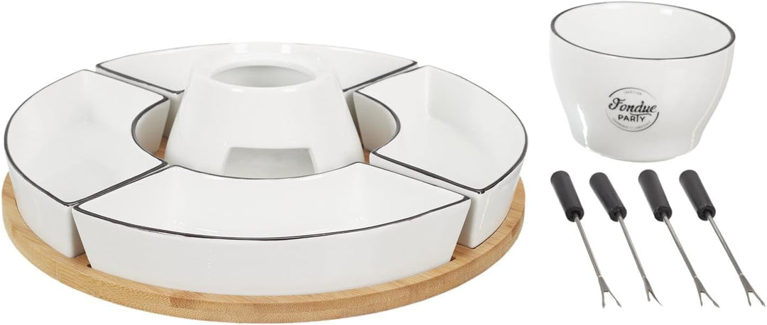 Fondue Set für 4 Personen - Bambus und Porzellan - Inklusive Schalen und Gabeln - 30 x 30 x 19 cm