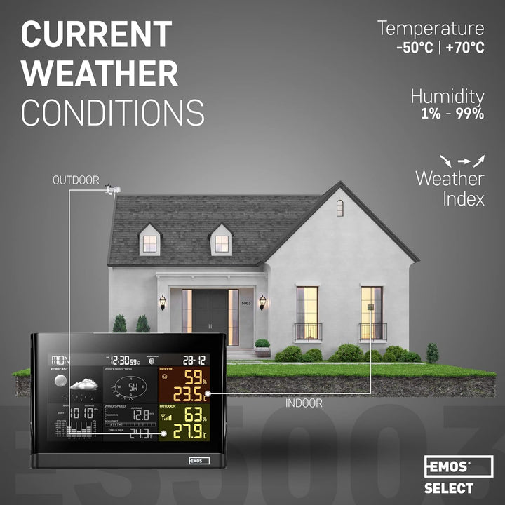 EMOS Wetterstation mit Windmesser und Regenmesser- System mit Farbdisplay, zur Wettervorhersage, für