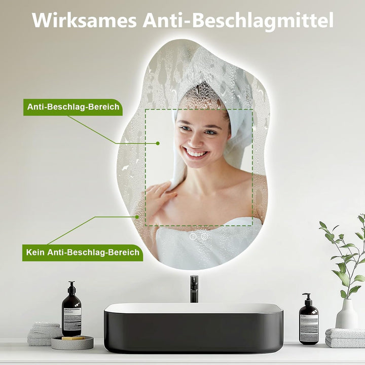 ColdShine LED Badspiegel Asymmetrisch mit Beleuchtung, Wandspiegel fürs Badezimmer mit Touch-Sensor,