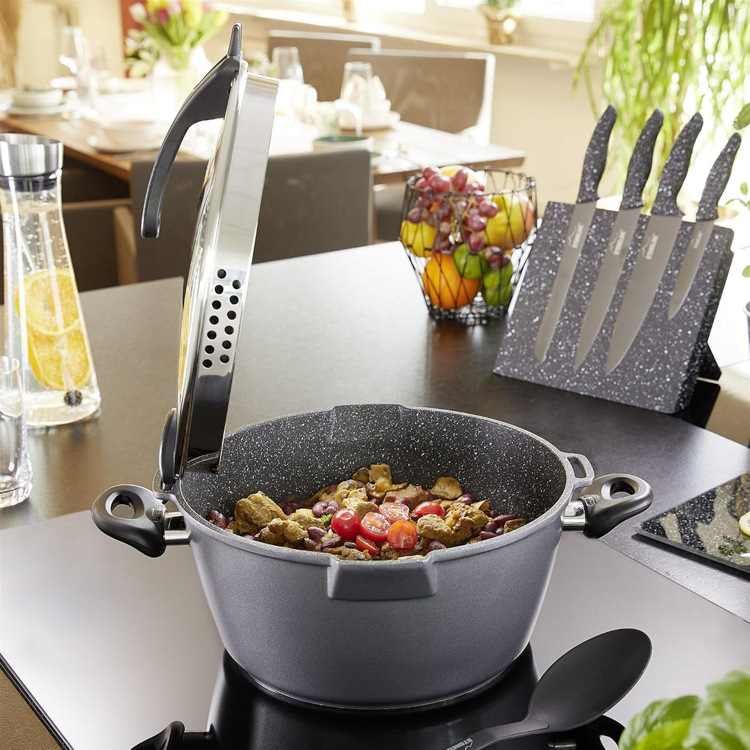 STONELINE® FUTURE Kochtopf 28 cm, mit Siebglasdeckel, induktionsgeeignet, Aluguss, Antihaftbeschicht