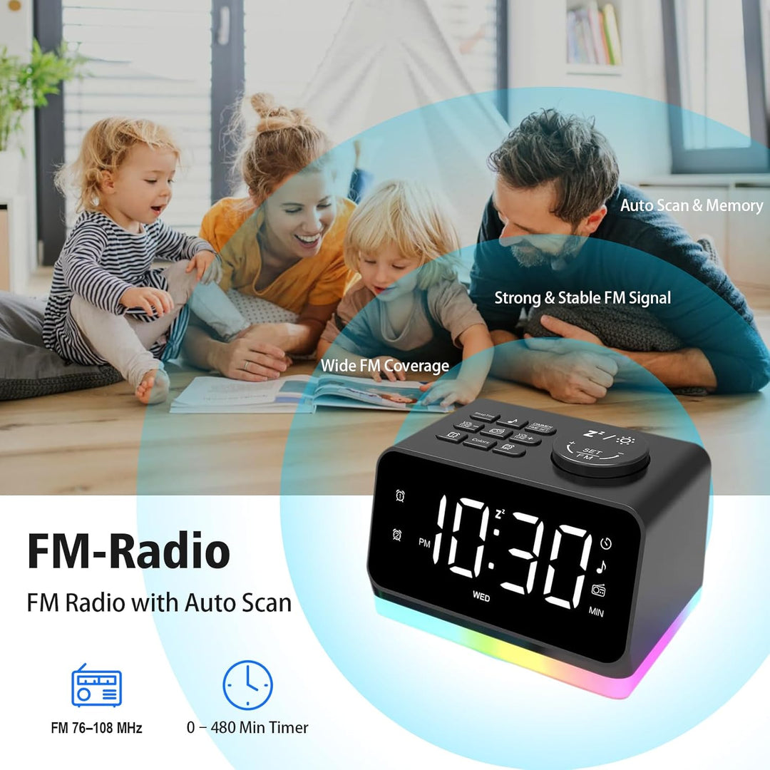 HUO JI Digitaler Radiowecker mit 8-Farben-Nachtlicht & 2 USB-Ladeports – Immer startklar per Netzbet
