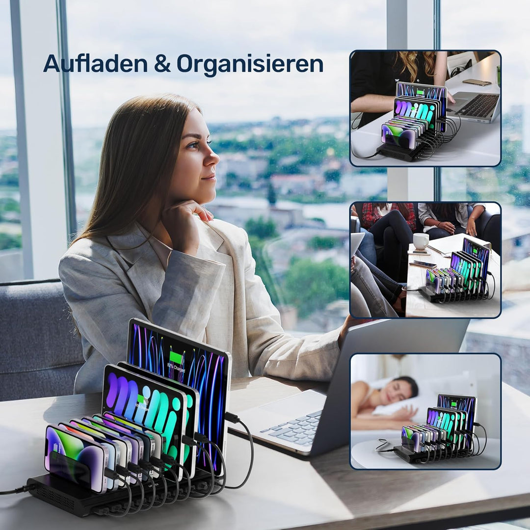 Unitek 120W 10 Port USB Ladestation mit Typ C und QC3.0, Multi Ladestation für mehrere Geräte mit Sm
