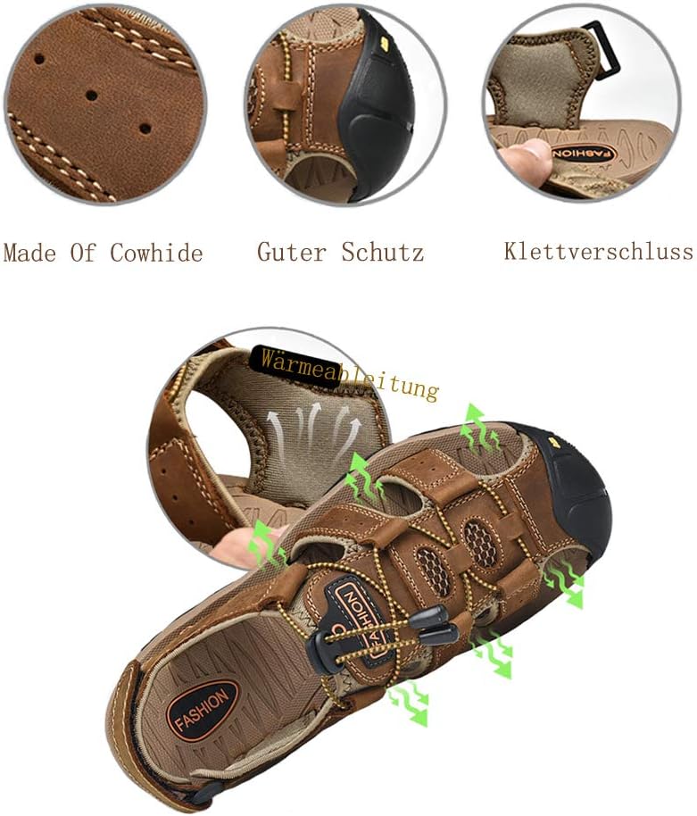 ZYLDK Sandalen Herren Leder Strand Wandersandale Trekkingsandalen Outdoorschuhe Sommer Freizeitschuh