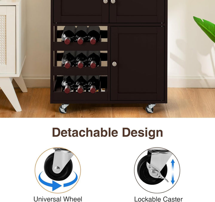 KOMFOTTEU Küchenwagen auf Rollen, Kücheninsel mit Weinregal & 2 Schränke & Schublade, Servierwagen a