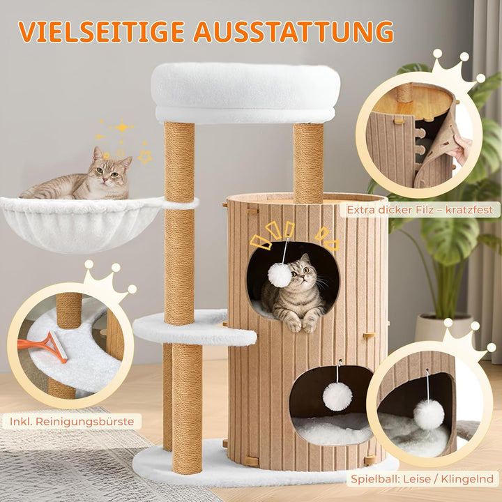 Premium kratzbaum mit 2er Kratztonne, Katzenbaum＆Grosse Plattformen | Sisalstämme, Kratzrampe, Katze