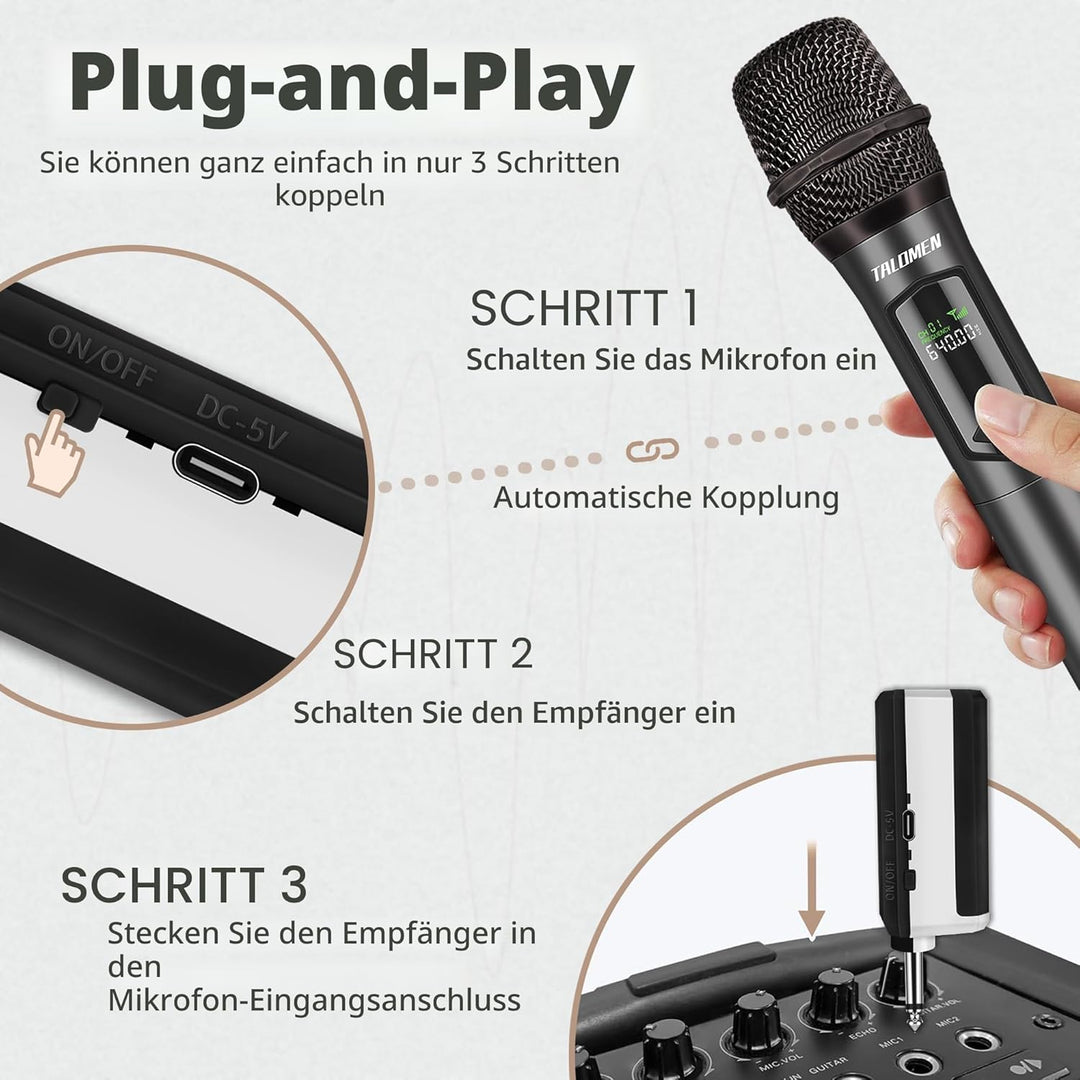 talomen Mikrofon kabellos,Drahtloses Funkmikrofon Wireless Microphone,Dual Mikrofon Kabellos Set,Han