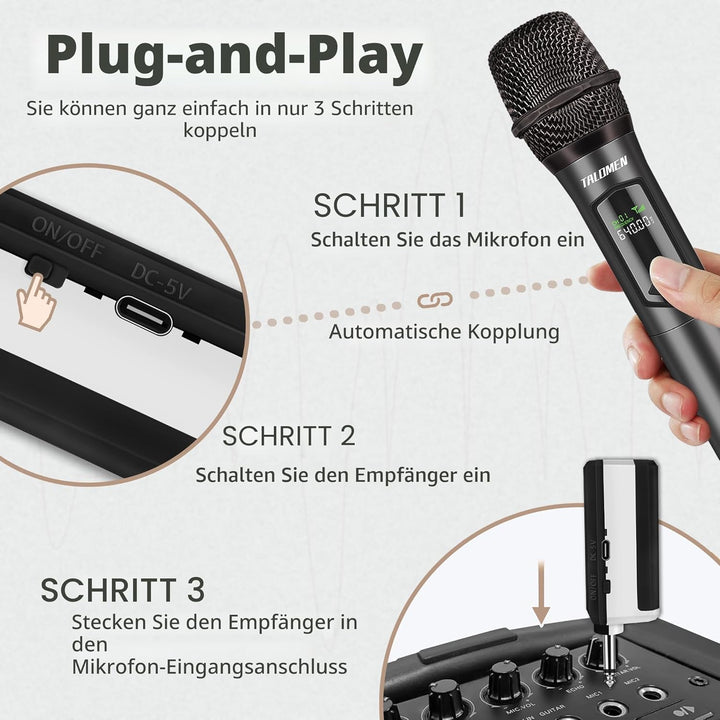 talomen Mikrofon kabellos,Drahtloses Funkmikrofon Wireless Microphone,Dual Mikrofon Kabellos Set,Han