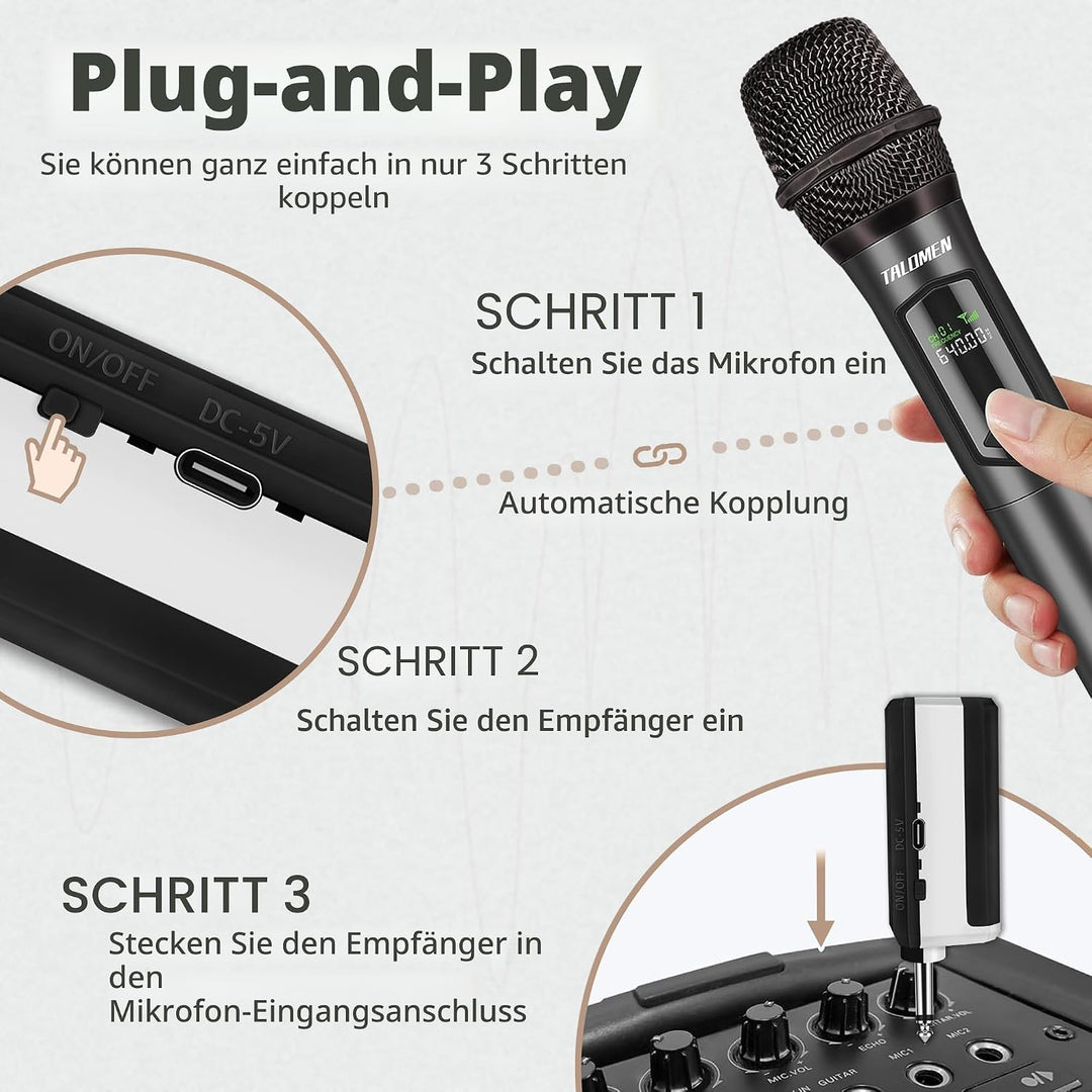 talomen Professionelles kabelloses Mikrofon, 2,4 GHz, Karaoke, dynamisch, wiederaufladbar, mit Empfä